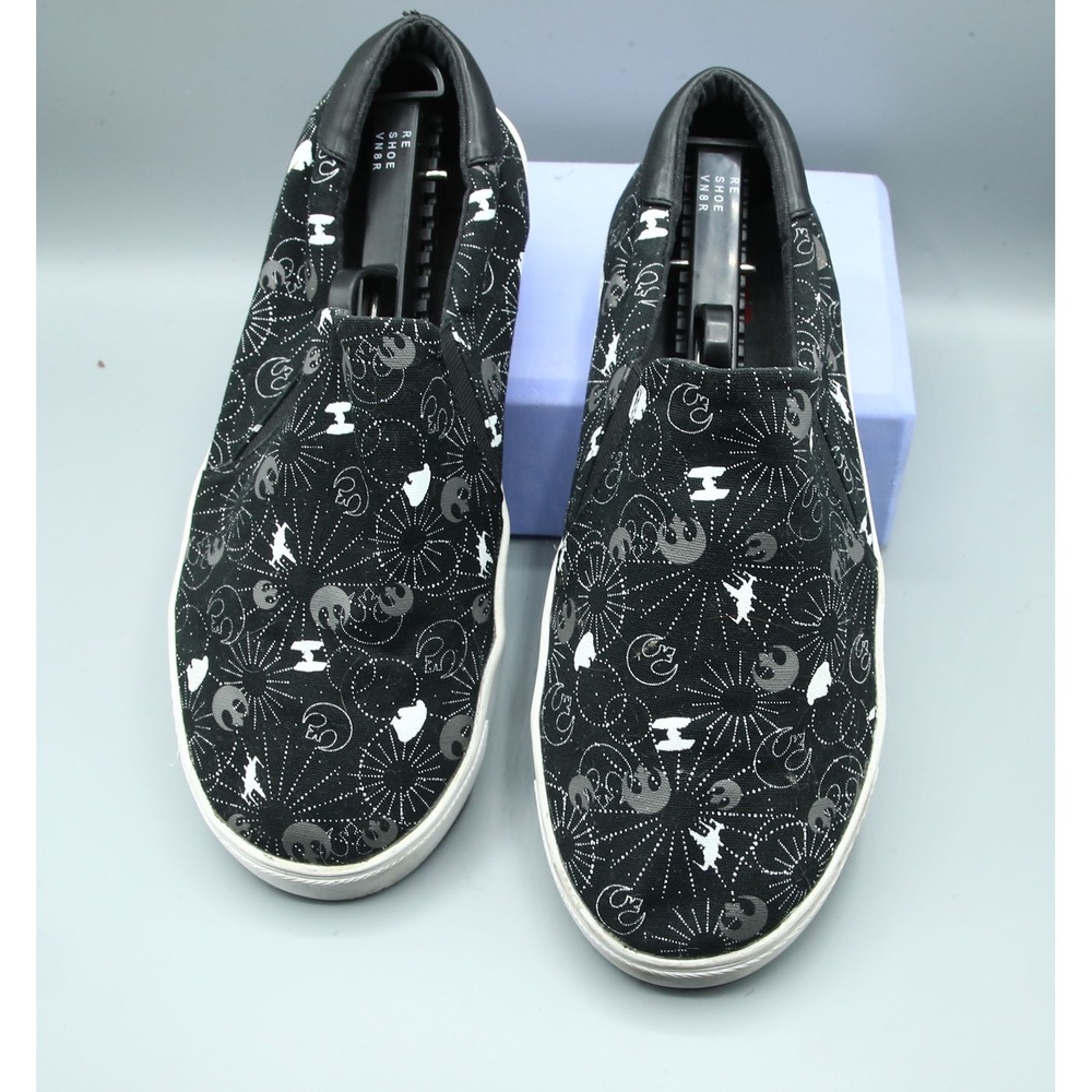 Star Wars Mens Slip On Sneakers Black/White Galactic Print Canvas  Low Top 9W